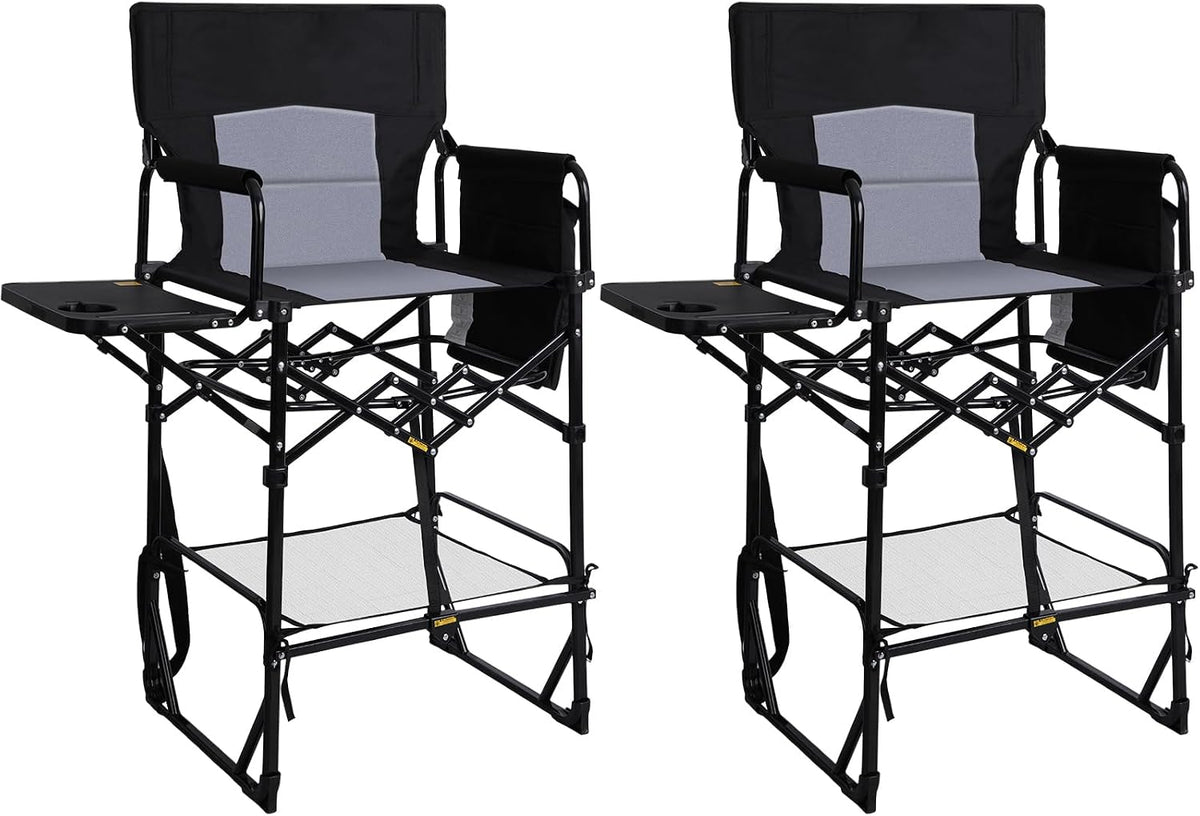 2 Pack Tall Directors Chair 30.7" Seat Height, Heavy Duty Folding Makeup Artist Chair with Side Table, Cup Holder & Storage Pocket, Portable High Camping Bar Stool Supports 400lbs, Black/Grey
