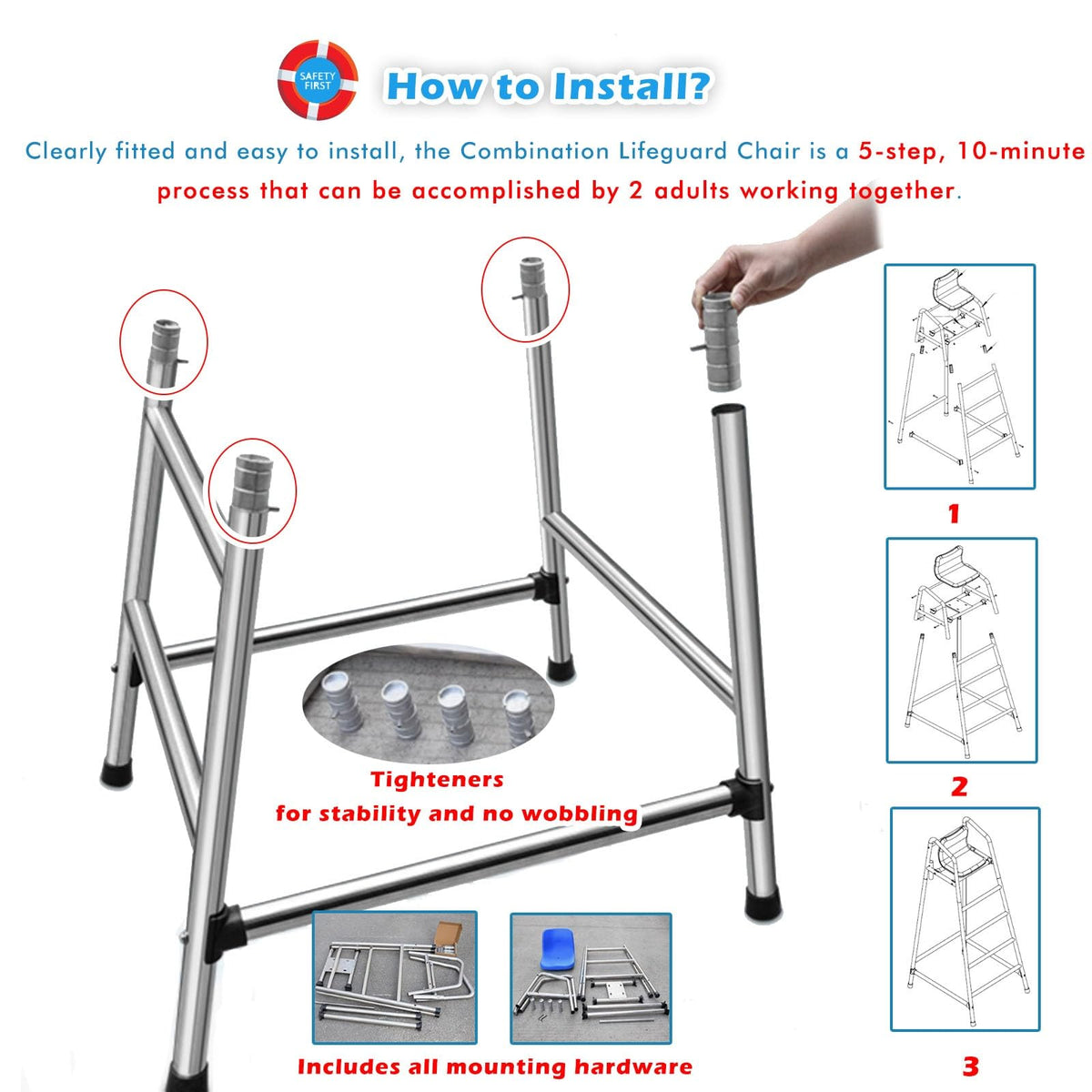 Tall Lifeguard/ Deck Chairs Outdoor, 47' '60'' 71'' High Fade-Resistant Stainless Steel Elevated Life Guard Chair - Loads 330kg, Referee Ladder Stool, Lifesaving Observation Chairs(H-180cm/70in/5.9ft)