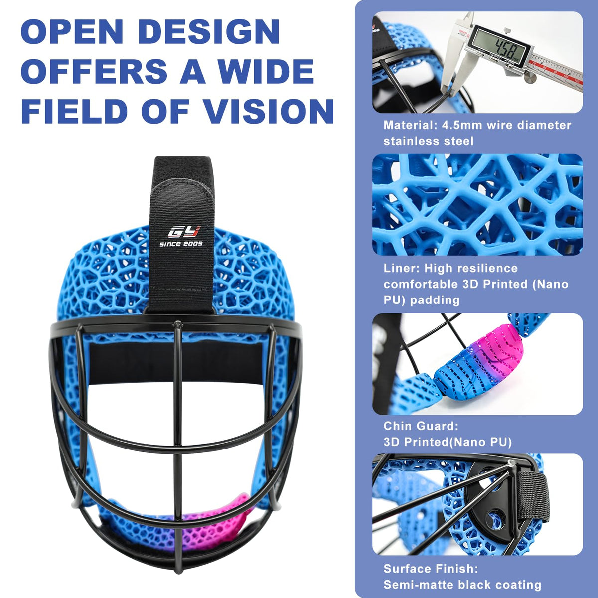 GY Field Hockey Face Mask Men/Women/Youth with 4.5mm 304 Stainless Steel | Ortholite Foam Lining | Protective Rear Shell for Goalkeepers/Penalty Corner Defenders