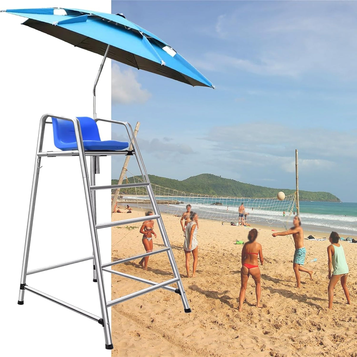 Beach Sandy Tennis/Volleyball Referee Stand Chair, 304 Stainless Steel Lifeguard Chair W/Comfortable Seat & Umbrella, Portable 1.2 1.5 1.8 M Tall Life Guard Deck Chairs/Bar Stool(70in/5.9ft/1.8m)