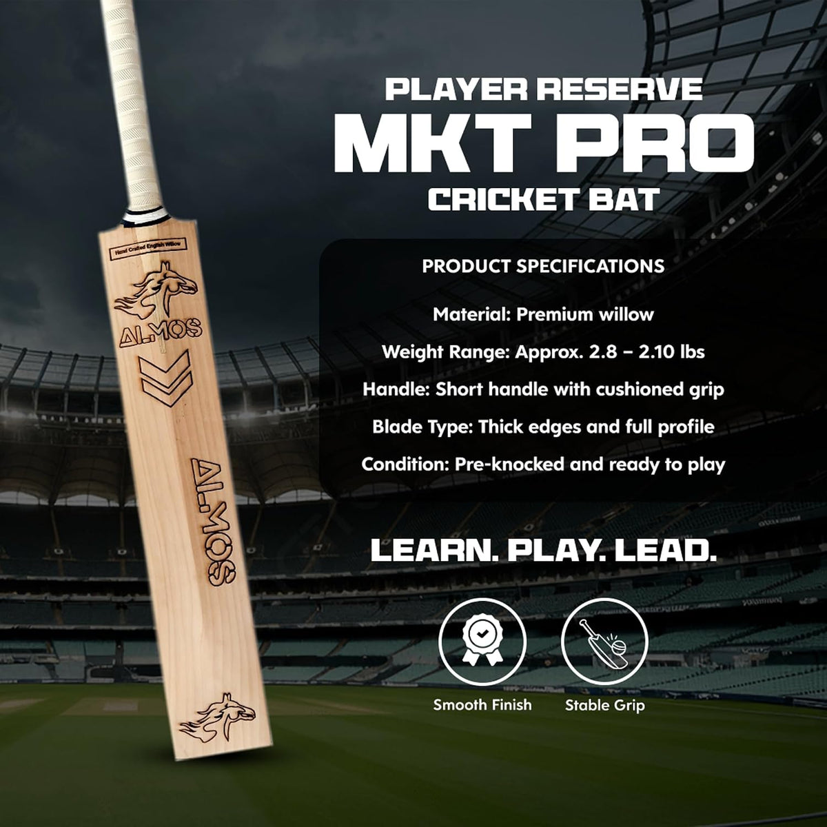 Almos Sports English Willow Cricket Bat â Players Reserve Grade 1, Lightweight 2.6 lb, Long Handle, 12 Grain Hard Hitting Bat for Adults