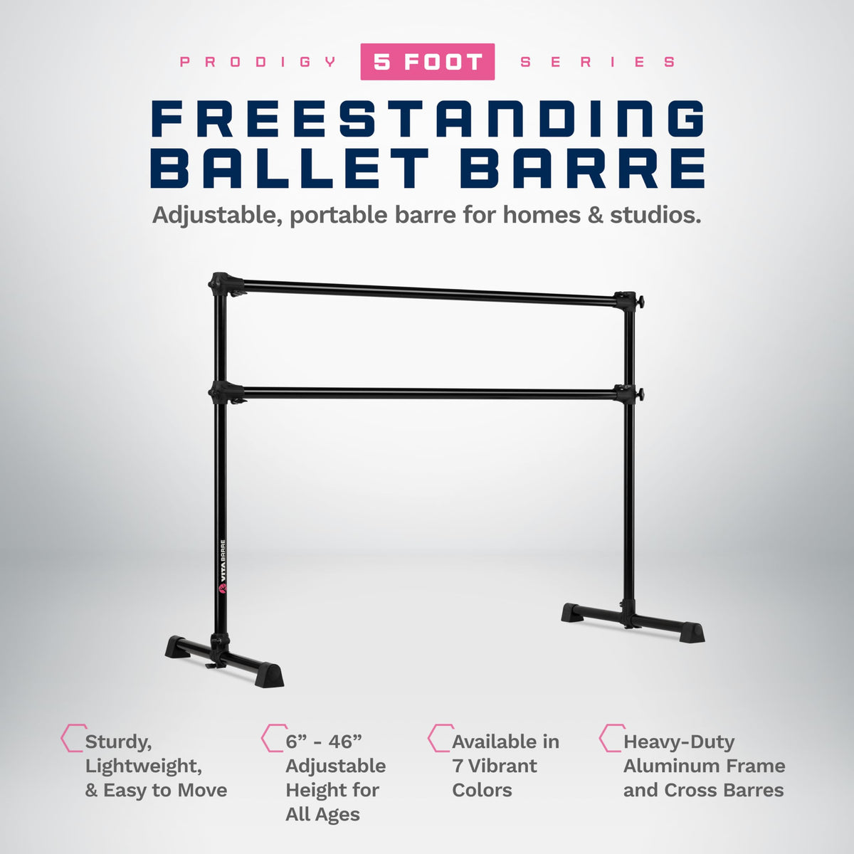 VITA Barre Portable Freestanding Double Ballet Barre, Prodigy, Aluminum | Adjustable Height, USA Made, Home or Gym Exercise Equipment for Kids & Adults | Dance, Fitness, Pilates