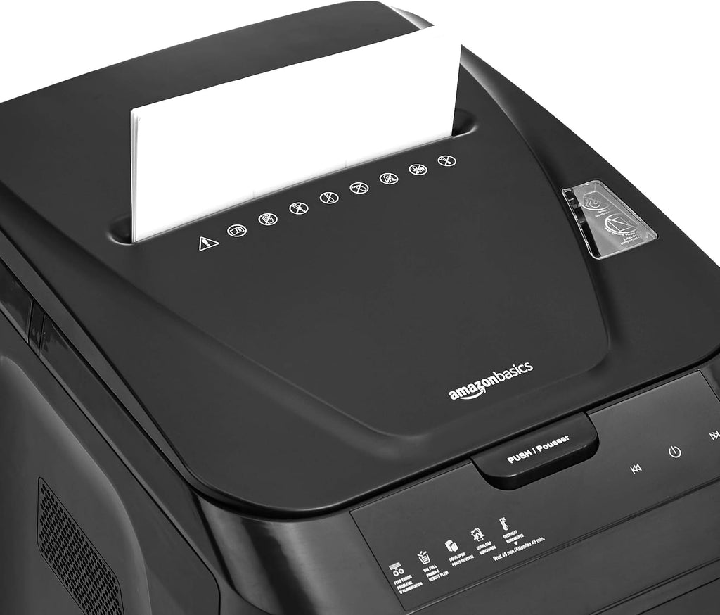 Amazon Basics 150-Sheet Autofeed Micro-Cut Paper and Credit Card Shredder, High Security Level P-4 with 8.5-Gallon Bin, 60-Minute Continuous Run Time, Black