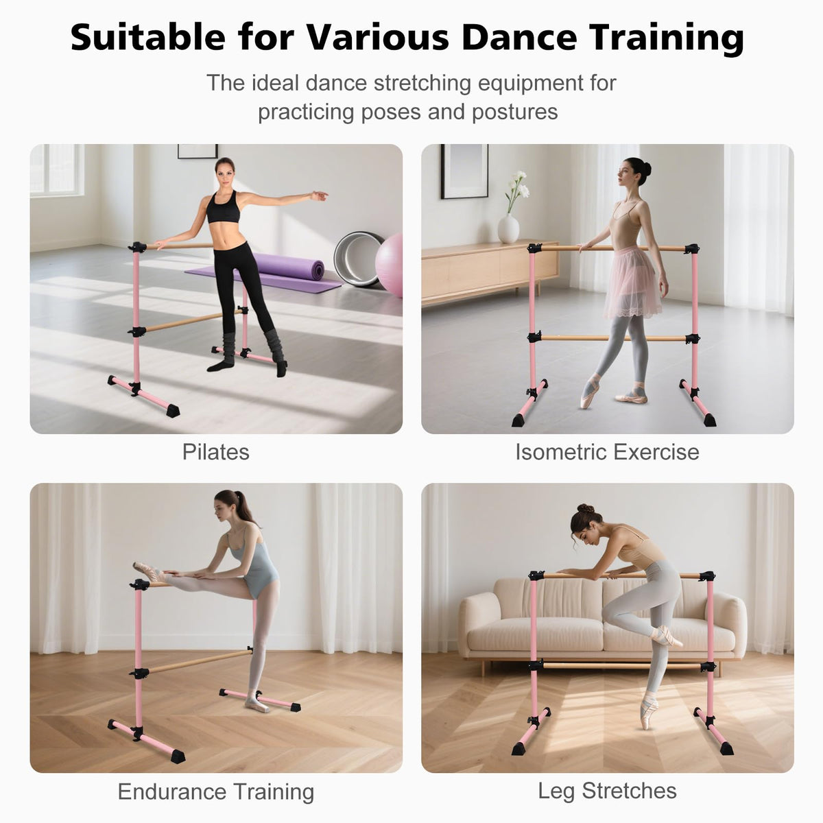 4FT/6FT Height Adjustable Double Ballet Barre, Freestanding Portable Stretching Dance Bar for Home, Heavy Duty Exercise Equipment for Kids & Adults with Anti-Slip Rubber Pads