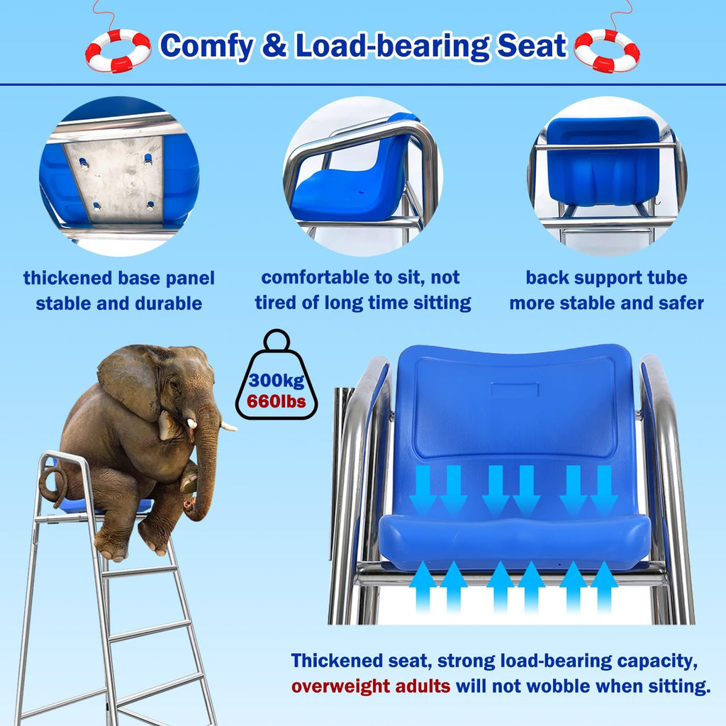 Table Tennis Referee Chairs for Coaches Referees, 304 Stainless Steel Lifeguard Chair with Hook/Sunshade Hole, Soccer Volleyball Directors Chair with Comfortable Seat, H 71inch/180cm