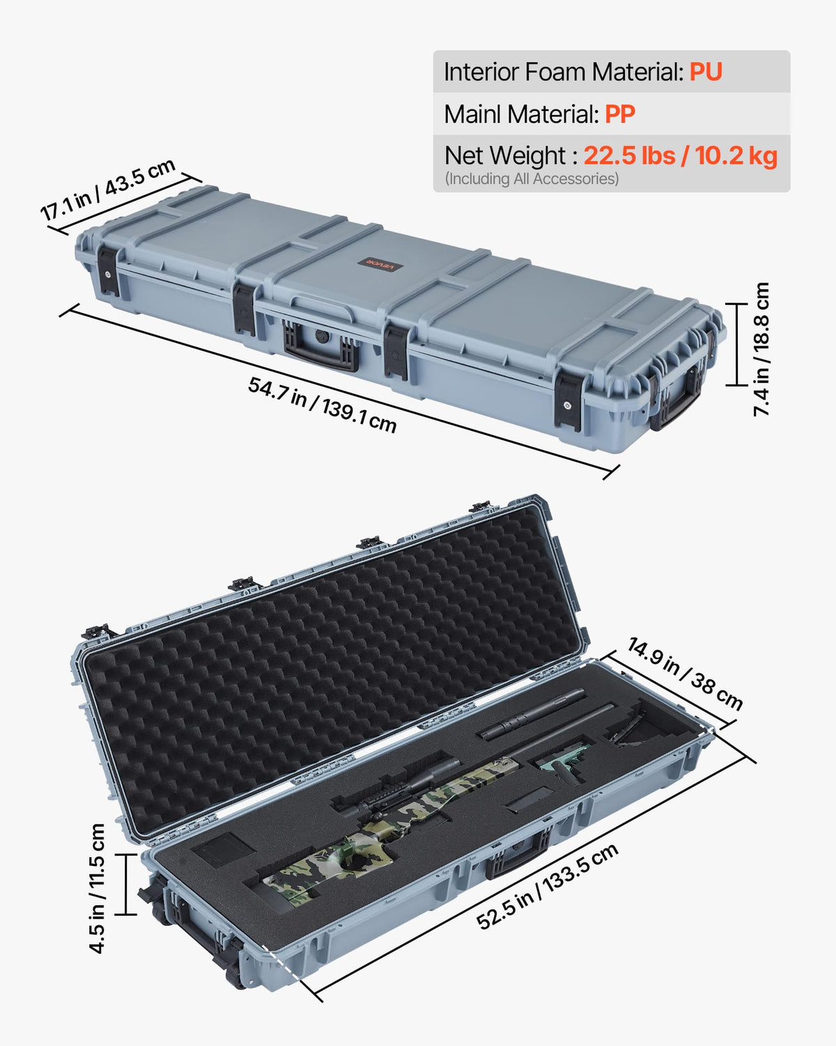 VEVOR Rifle Case, Rifle Hard Case with 4 Layers Fully-protective Foams, Lockable Hard Gun Case with Wheels, IP67 Waterproof & Crushproof, for Rifles or Shotguns