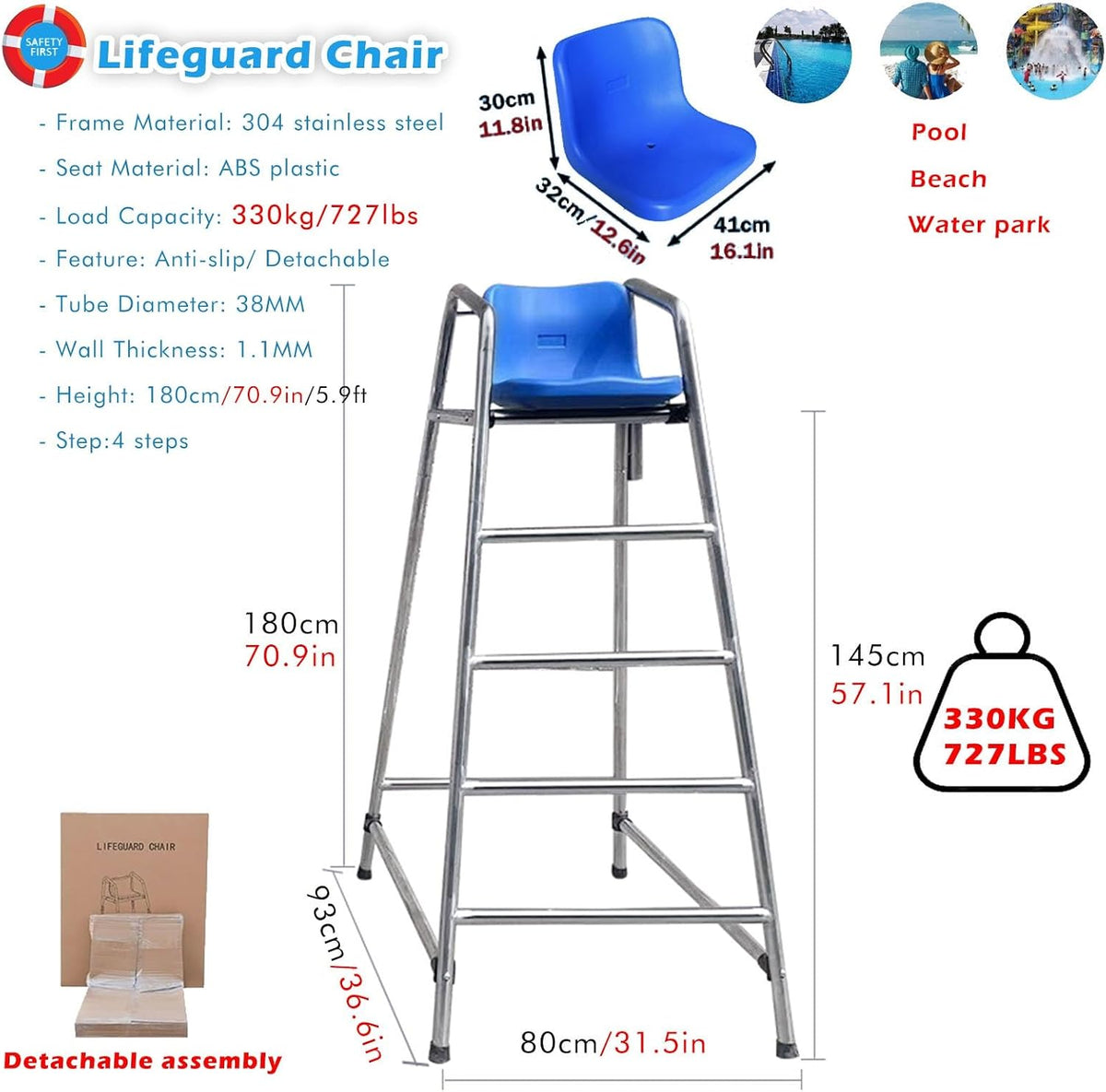 Tall Lifeguard/ Deck Chairs Outdoor, 47' '60'' 71'' High Fade-Resistant Stainless Steel Elevated Life Guard Chair - Loads 330kg, Referee Ladder Stool, Lifesaving Observation Chairs(H-180cm/70in/5.9ft)