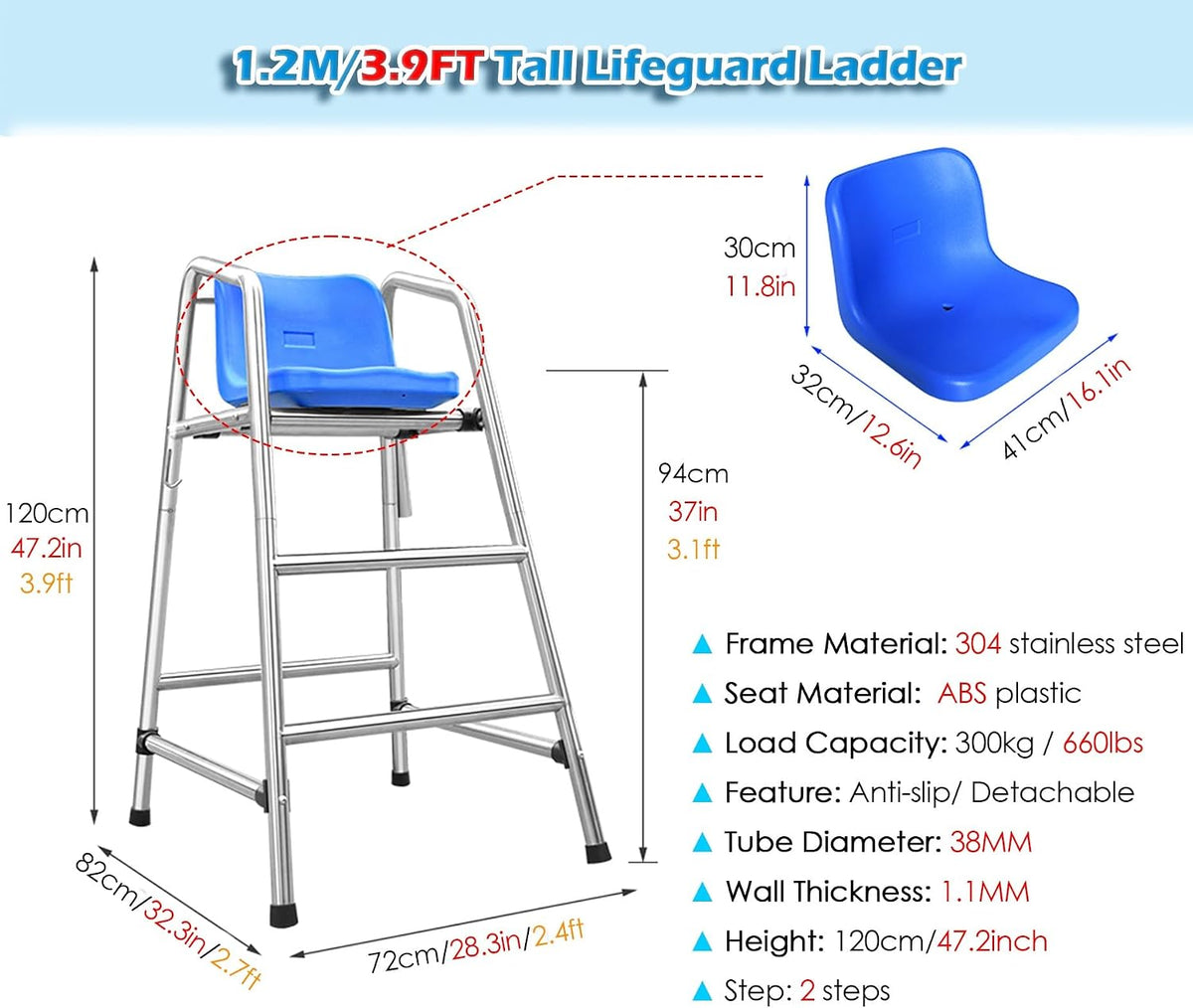 Heavy-Duty Rustproof Stainless Steel Lifeguard Chair - Durable Referee Stand for Pools, Water Parks & Lakes - Essential Lifeguard Equipment for Safety Use(72x82x120cm/28.3x32.3x47.2inch)