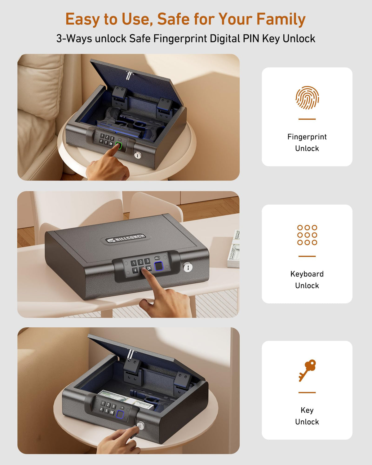 BILLCONCH Large Gun Safe Biometric Fingerprint Handgun Pistol Safes