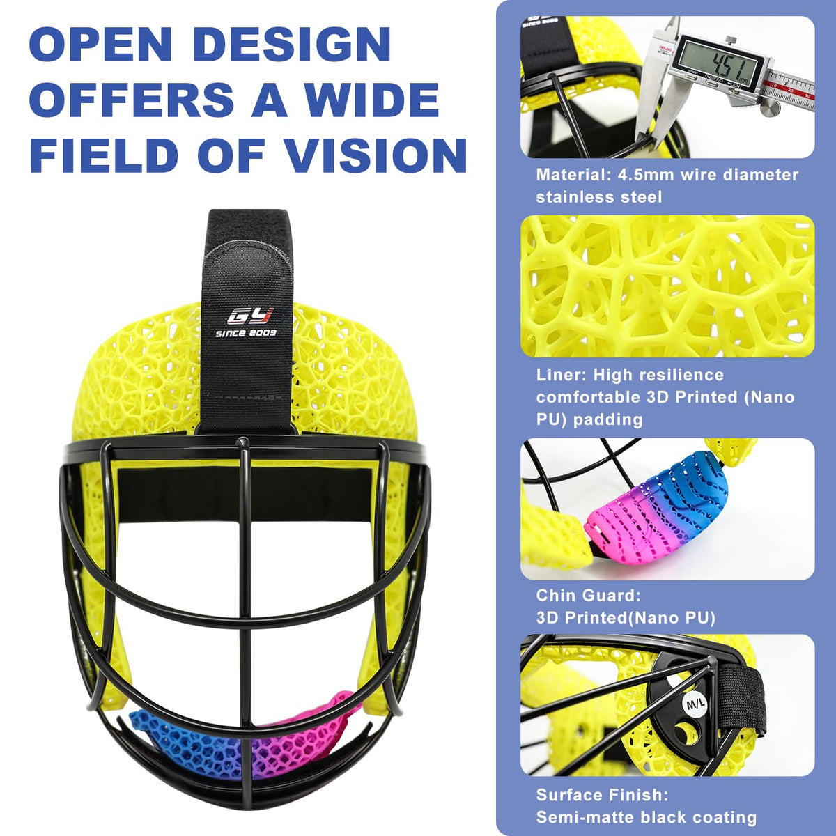 GY Field Hockey Face Mask Men/Women/Youth with 4.5mm 304 Stainless Steel | Ortholite Foam Lining | Protective Rear Shell for Goalkeepers/Penalty Corner Defenders