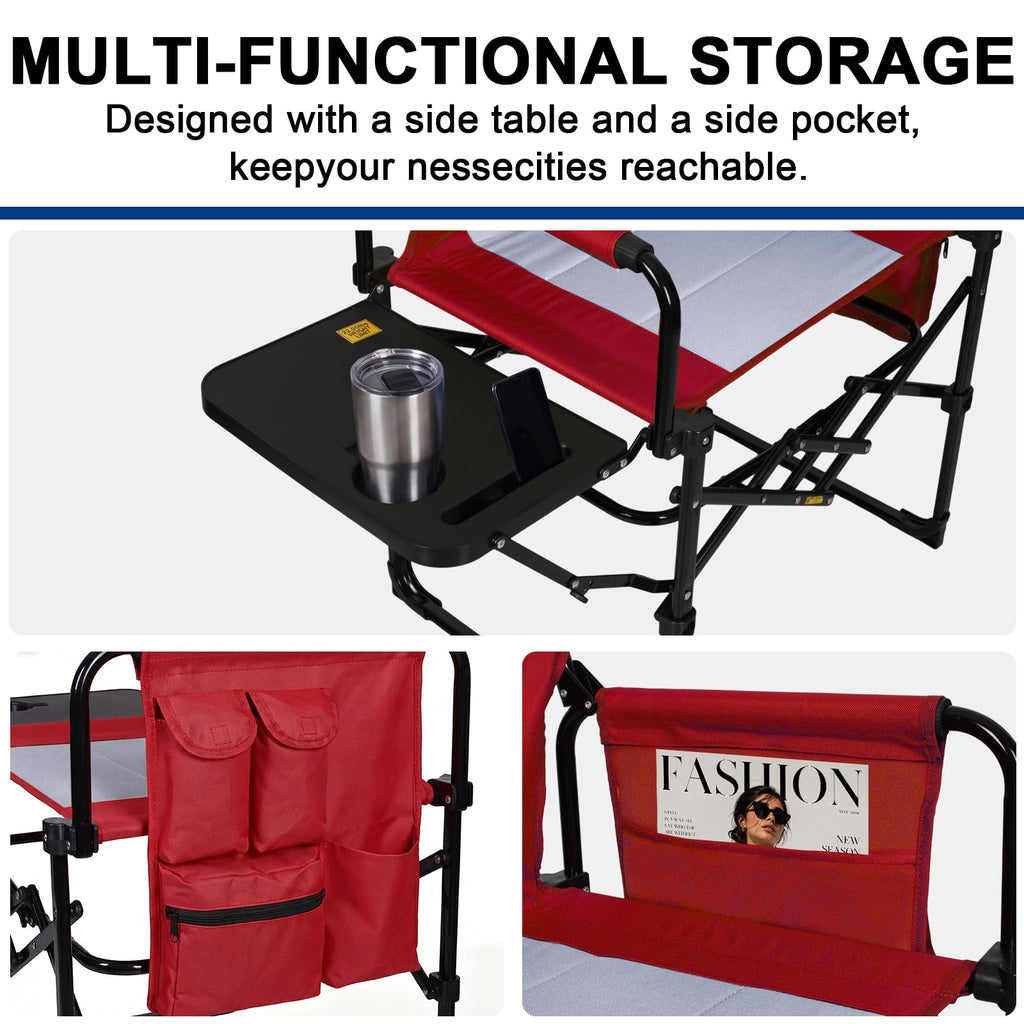 Romswi 2 Pack 30" Extra Tall Folding Camping Chairs, Heavy Duty Director Chairs with Side Table, Cup Holder & Storage Pocket, 400 LBS Support, Portable Outdoor Chairs for Camping, Sports, Events, Blue