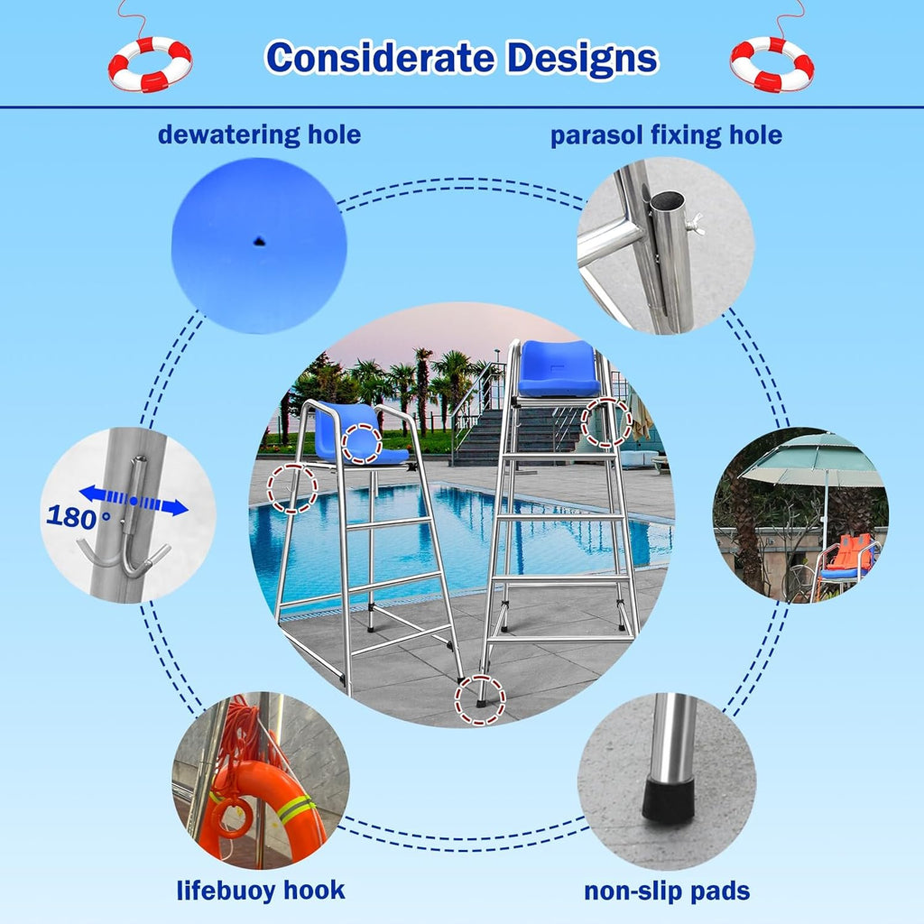 Table Tennis Referee Chairs for Coaches Referees, 304 Stainless Steel Lifeguard Chair with Hook/Sunshade Hole, Soccer Volleyball Directors Chair with Comfortable Seat, H 71inch/180cm
