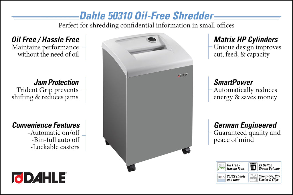Dahle 52214 Paper Shredder, Cross Cut, P-4 | O-3 Security, German Engineered, Jam Protection, Oil Free, SmartPower, Shreds CDs, 20 Sheet Max, 11 Gal Bin