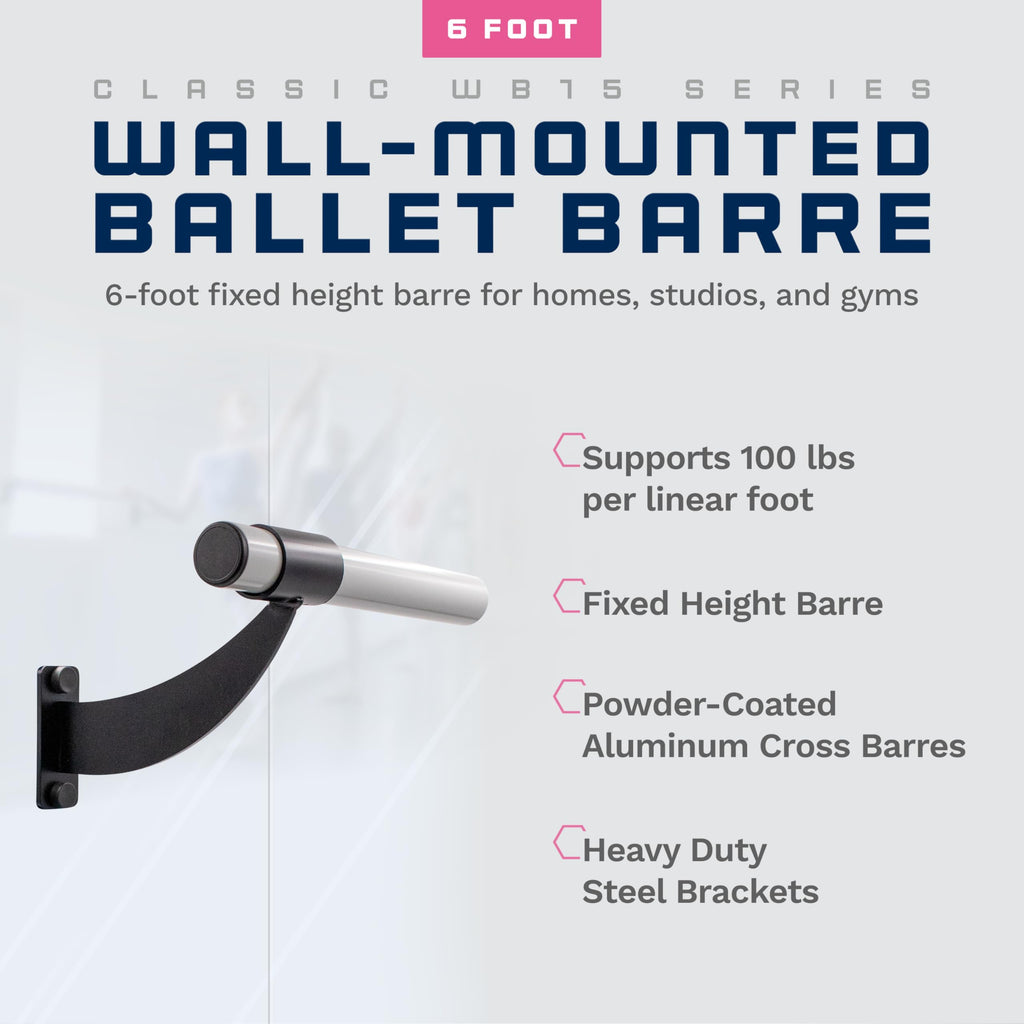 Vita Barre Wall-Mounted Single Ballet Barre, Classic WB15, Aluminum | Fixed Height, Made in USA, Home, Studio or Gym Exercise Equipment for Kids & Adults | Dance, Fitness, Pilates