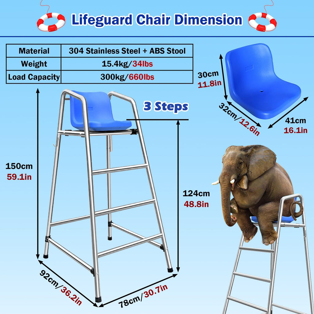 Table Tennis Referee Chairs for Coaches Referees, 304 Stainless Steel Lifeguard Chair with Hook/Sunshade Hole, Soccer Volleyball Directors Chair with Comfortable Seat, H 71inch/180cm