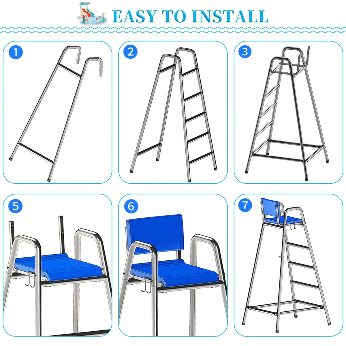 Commercial Lifeguard Stand - Heavy-Duty 304 Stainless Steel Frame with Ladders, for Poolside, Beach Clubs & Community Swimming Centers(74.8in/1.9m/6.2ft)