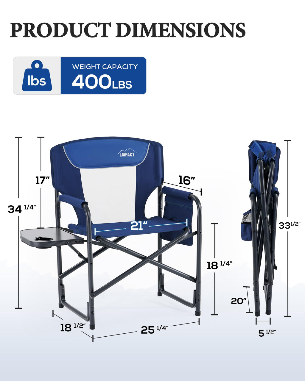 Aluminum Tall Camping Directors Chair 30.7" Seat Height, 400lbs Load