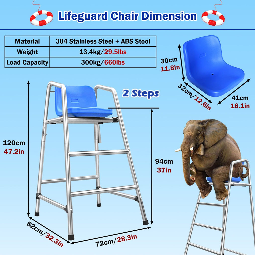 Table Tennis Referee Chairs for Coaches Referees, 304 Stainless Steel Lifeguard Chair with Hook/Sunshade Hole, Soccer Volleyball Directors Chair with Comfortable Seat, H 71inch/180cm