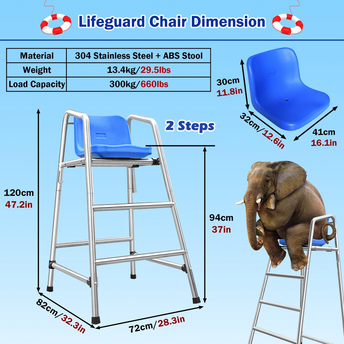 Table Tennis Referee Chairs for Coaches Referees, 304 Stainless Steel Lifeguard Chair with Hook/Sunshade Hole, Soccer Volleyball Directors Chair with Comfortable Seat, H 71inch/180cm