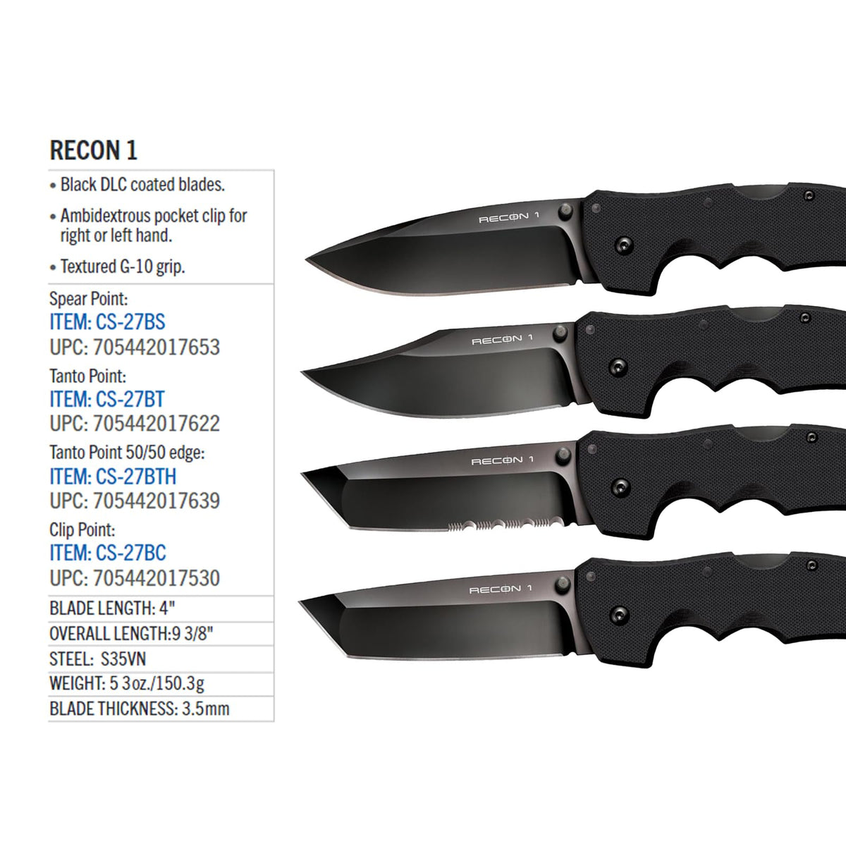 COLD STEEL Recon 1 4" S35VN Razor-Sharp Blade 5.375" G-10 Handle Tactical Folding Knife w/Tri-Ad Lock, Ambidextrous Pocket/Belt Clip