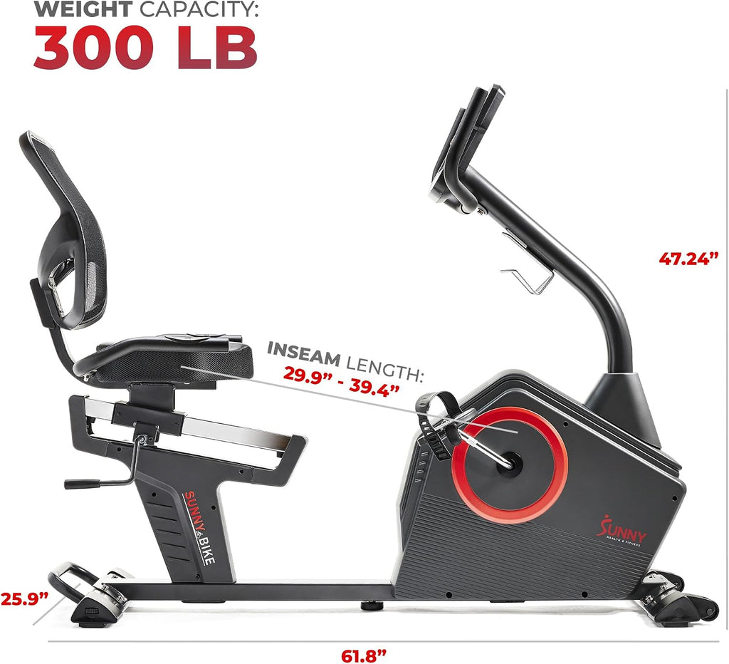 Sunny Health & Fitness Smart Recumbent Bike for Indoor Low Impact Cardio