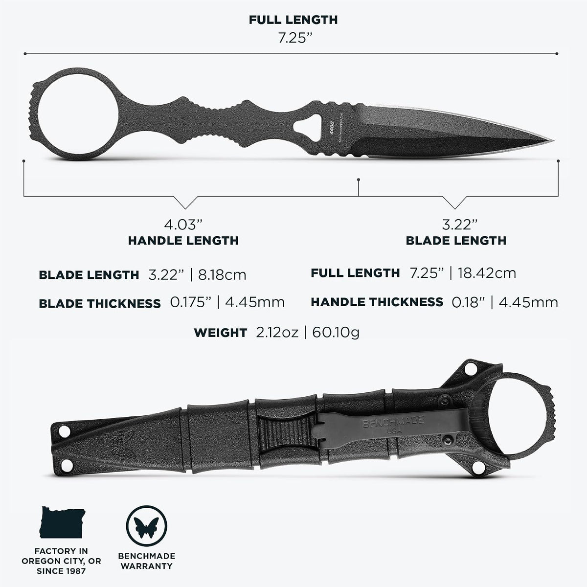 Benchmade - SOCP Knife, Double Edge Dagger Blade, Plain Edge, Black Handle