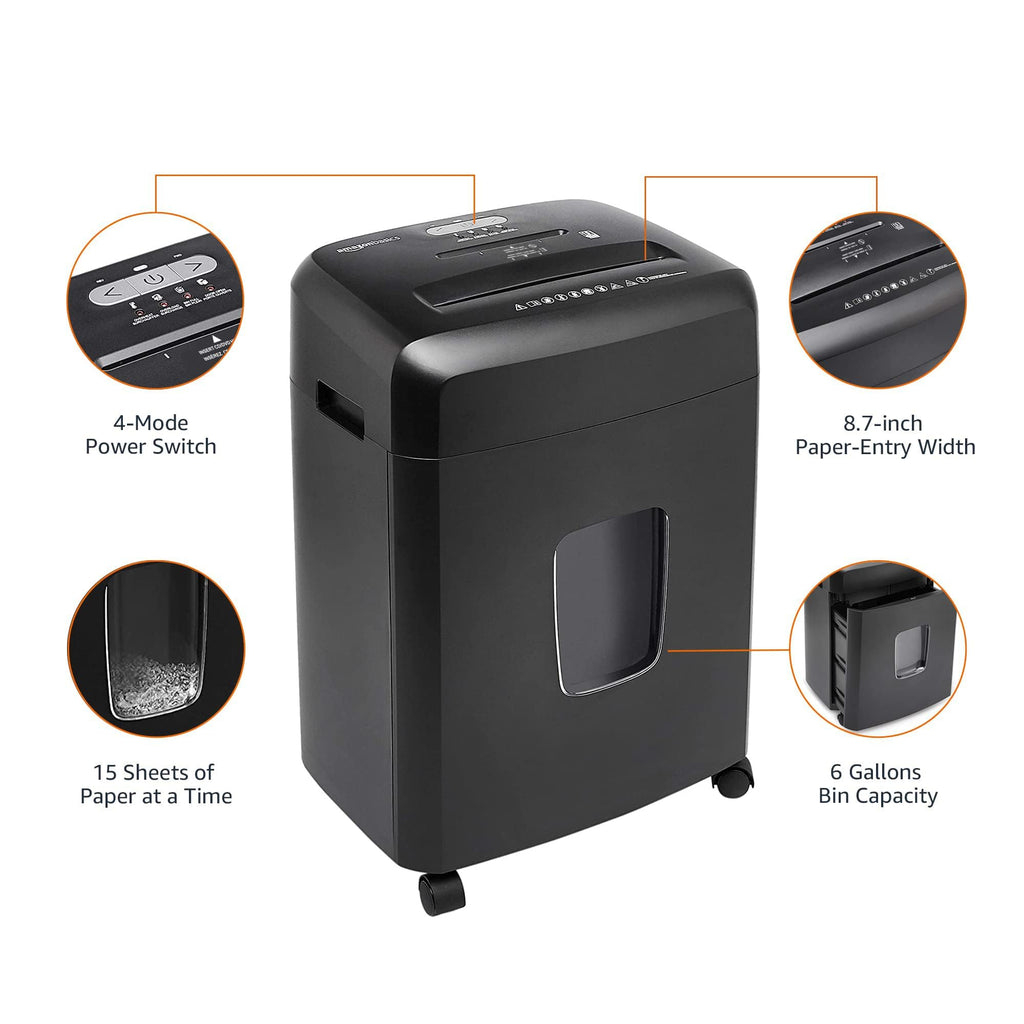 Amazon Basics 18 Sheet Cross Cut Paper, CD, and Credit Card Shredder with 6 Gallon Bin, 30 Minutes Continuous Run Time, Black