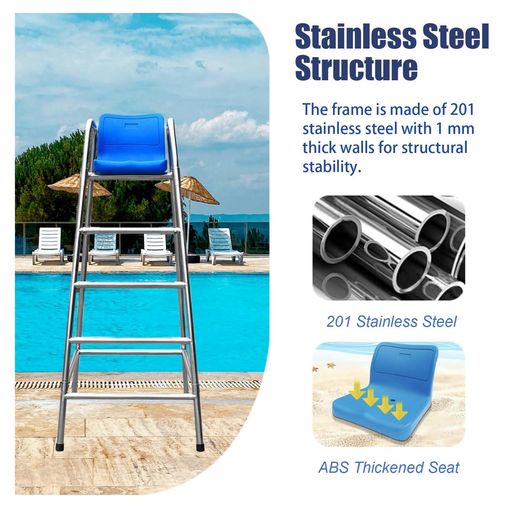 Detachable Stainless Steel Lifeguard Chair with Parasol - 70.8" Outdoor Observation Seat for Pools, Beaches, Waterparks & Referee Stand - Durable, Weather-Resistant Design,180cm (70.8")