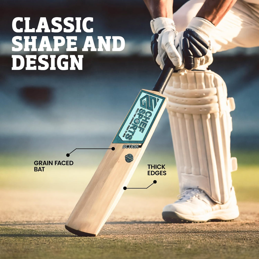 Chef Sports Action Kashmir Willow Cricket Bat Grade 1 | Premium Grade 1 Kashmir Willow | Thick Edges & Big Sweet Spot for Powerful Stroke Play | Balanced Weight for Control & Timing | Season Ball Bat