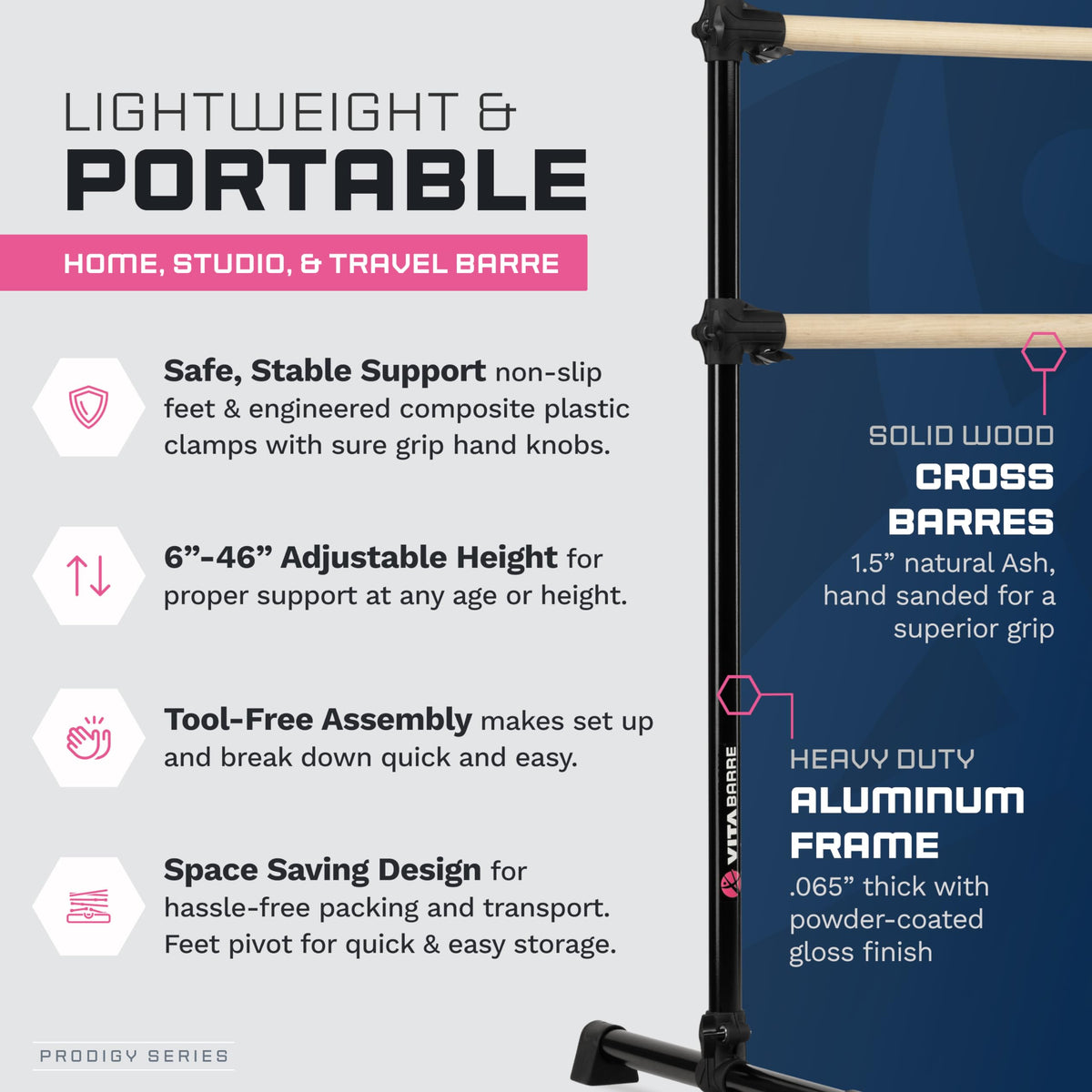 VITA Barre Portable Freestanding Double Ballet Barre, Prodigy, with Carry Bag | Adjustable Height, USA Made, Home or Gym Exercise Equipment for Kids & Adults | Dance, Fitness, Pilates