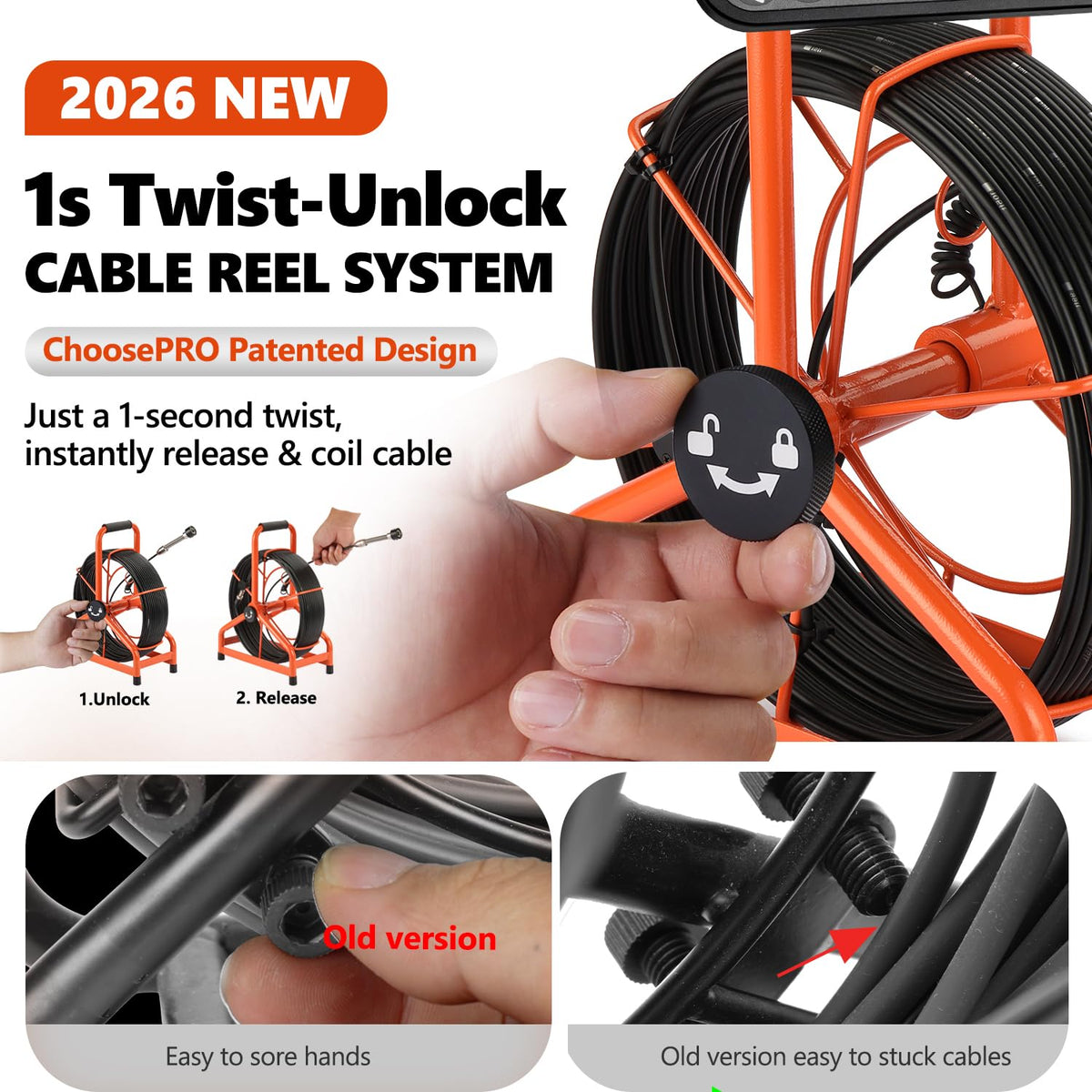 [ChoosePROÂ®] HD1080P Sewer Camera 7'' w/1s Twist-Unlock System, DVR-32GB, 0.64'' Thicker Reel, 5000mAh 100FT Marked Cable, Plumbing Pipe Inspection Camera for Drain & Sewer Inspection