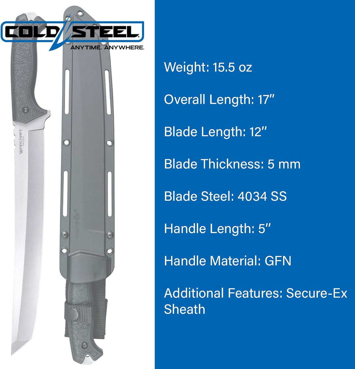 COLD STEEL Warcraft Tanto 4034SS Razor-Sharp Durable Blade GFN Handle Military Tactical Fixed Blade Knife w/Secure-Ex Sheath