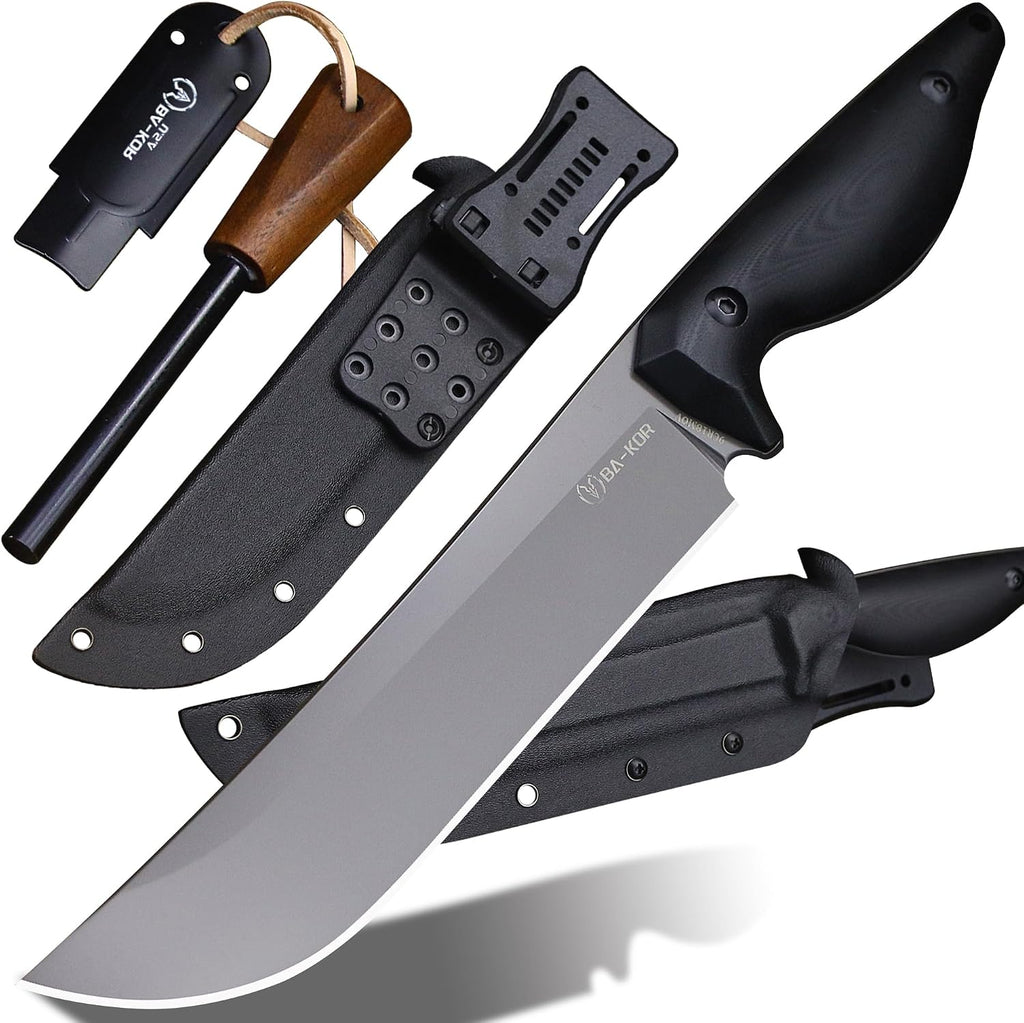 BA-KOR 5MM (9CR18MOV) steel 12.8'' full tang Hunting knife +K sheathing &5.9" cerium igniter can be used outdoors for outdoor hunting, camping, obstacle clearing, wood chopping, BBQ, fishing, kitchen cutting, EDC tools, gifts (G10 Black-C, Inches, 12.8)