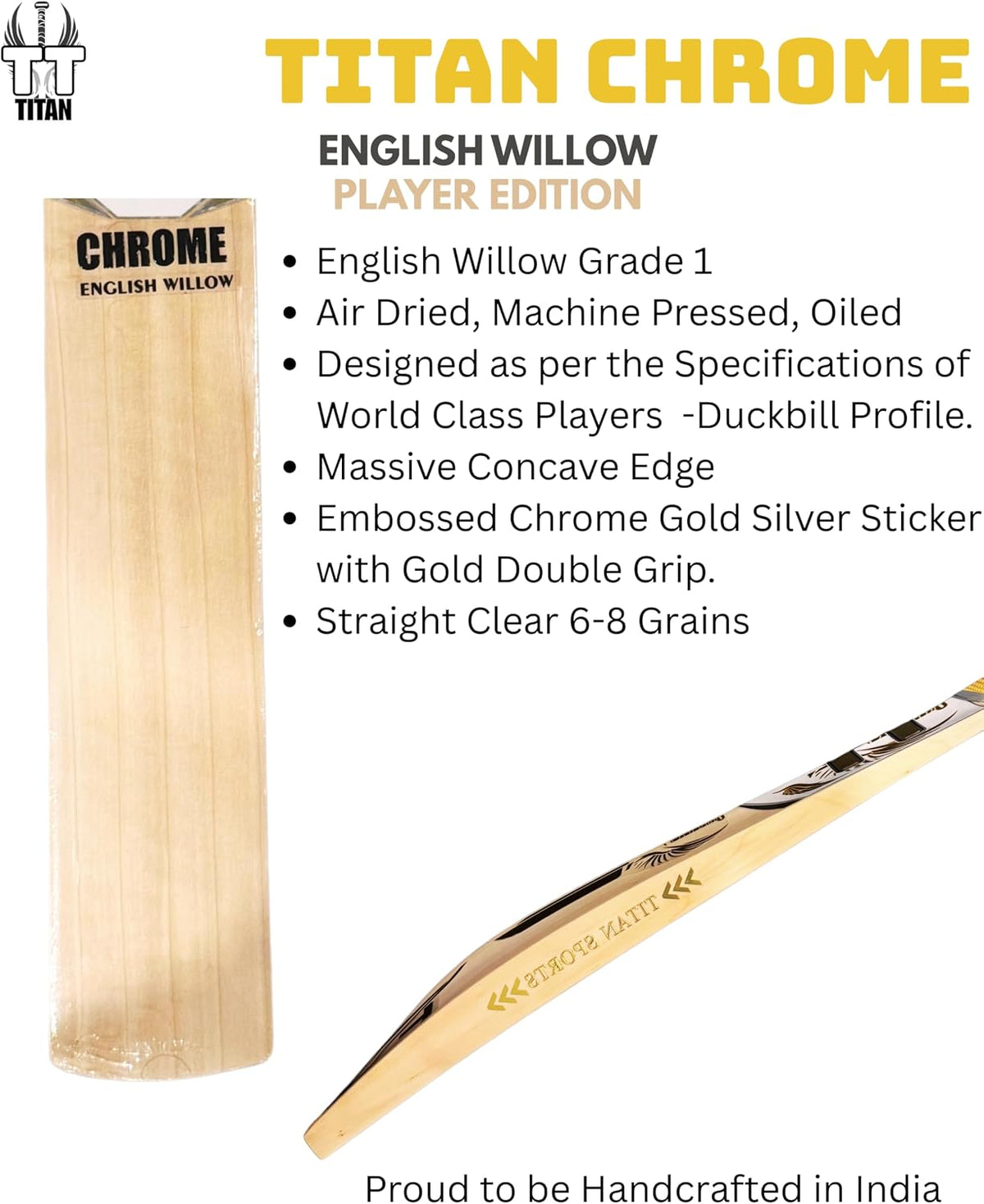 Titan English Willow Divine Cricket Bat Full Size Short Handle Grade 3 Lightweight & Handcrafted for Power and Control Ideal for Club & League Play with Free Hard Leather Ball