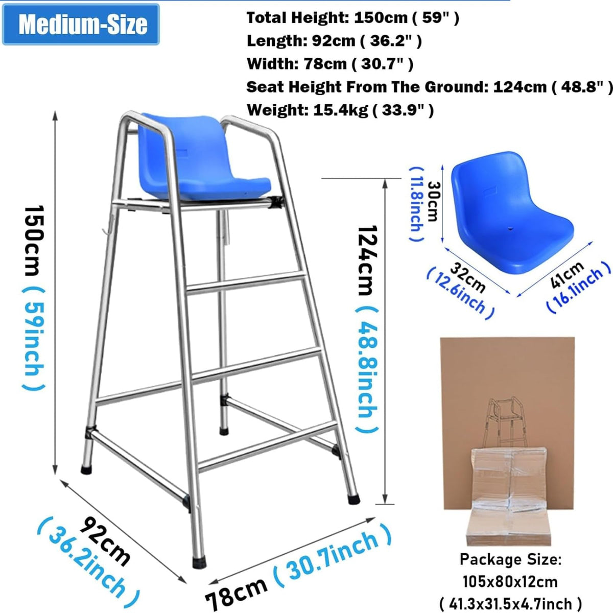 Large Lifeguard Chair - Outdoor Patio Chairs, Beach/Water Park/Competition Pool Rescue Ladder - Removable Referee Chair, Raised Referee Chair for(120cm)