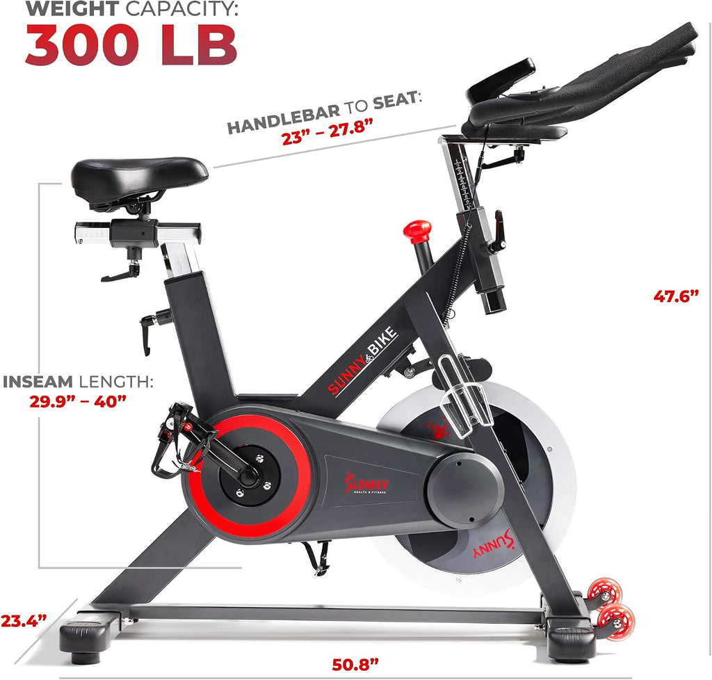 Sunny Health & Fitness Magnetic Exercise Bike, 44LB Flywheel & 300LB Weight Capacity for Intensive Home Workout, Indoor Cardio Training w/4-Way Adjustable Seat, Optional Free SunnyFit App Connection