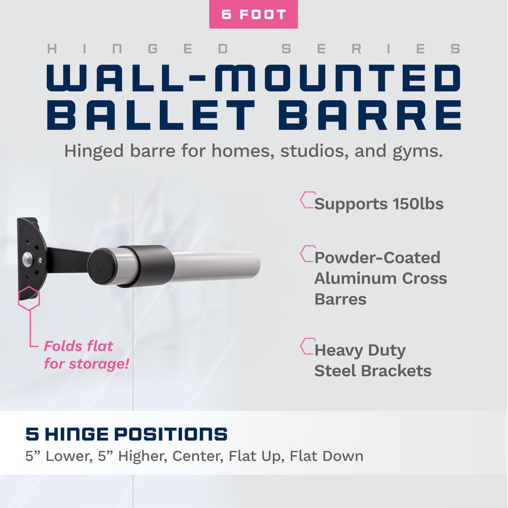 VITA Barre Wall-Mounted Single Ballet Barre, Traditional, Wood and Aluminum | Hinged Height, Made in USA, Home, Studio or Gym Exercise Equipment for Kids & Adults | Dance, Fitness, Pilates