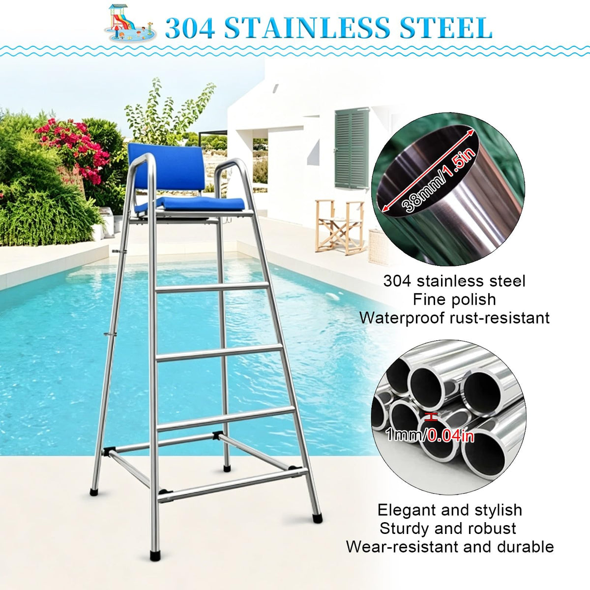 Commercial Lifeguard Stand - Heavy-Duty 304 Stainless Steel Frame with Ladders, for Poolside, Beach Clubs & Community Swimming Centers(74.8in/1.9m/6.2ft)