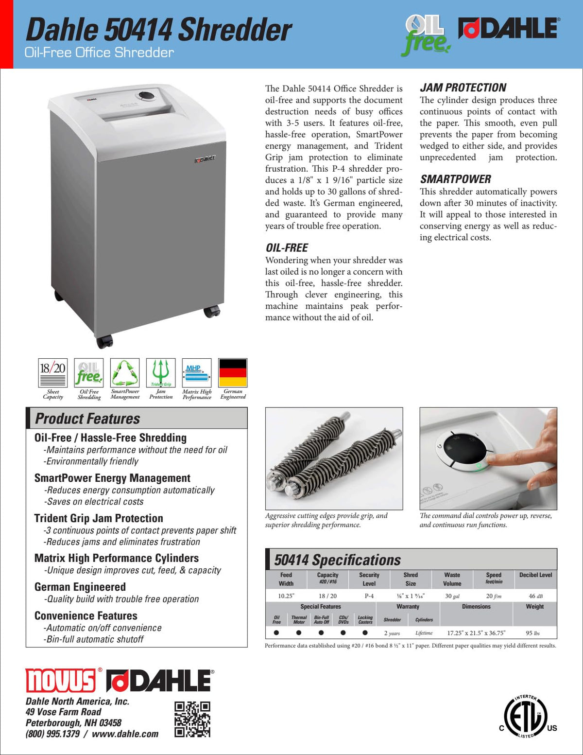 Dahle 50464 Paper Shredder, Cross Cut, P-4 Security, German Engineered, Jam Protection, Oil Free, SmartPower, Shreds CDs, 24 Sheet Max, 30 Gal Bin