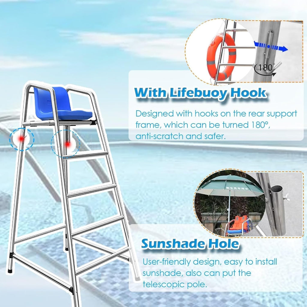 High Stool Pool Ladders 120 150 180 cm High Tennis Volleyball Referee Chair Stand for Pools Patio Lake Beach, 304 Stainless Steel Lifeguard Chair w/Comfortable Seat(150cm/59in/4.9ft high)