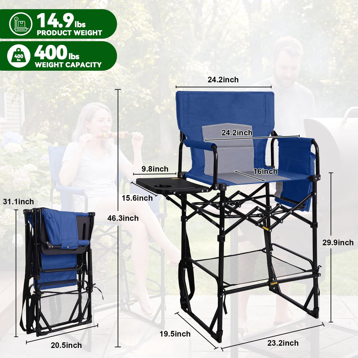 2 Pack Tall Directors Chair 30.7" Seat Height, Heavy Duty Folding Makeup Artist Chair with Side Table, Cup Holder & Storage Pocket, Portable High Camping Bar Stool Supports 400lbs, Black/Grey