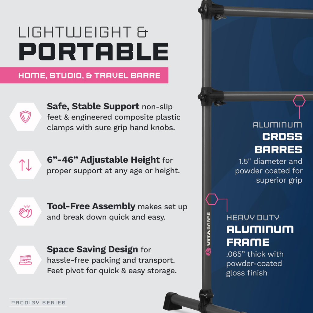 VITA Barre Portable Freestanding Double Ballet Barre, Prodigy, with Carry Bag | Adjustable Height, USA Made, Home or Gym Exercise Equipment for Kids & Adults | Dance, Fitness, Pilates