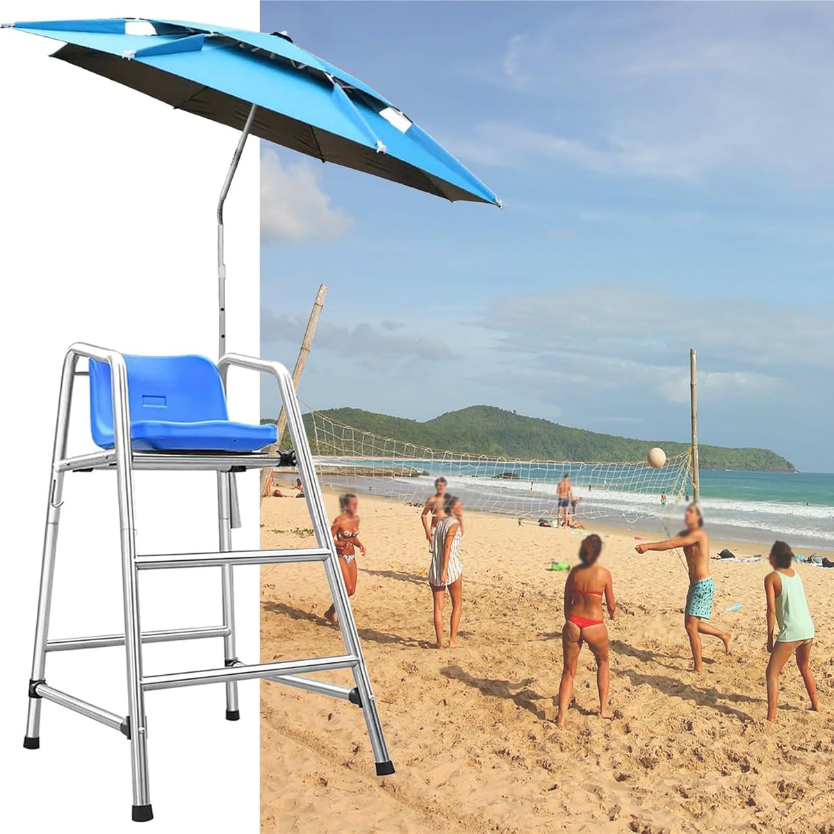 304 Stainless Steel Lifeguard Chair W/Comfortable Seat & Umbrella, Beach Sandy Tennis/Volleyball Referee Stand Chair, Portable Tall Life Guard Deck Chairs/Bar Stool(47in/3.9ft/1.2m)