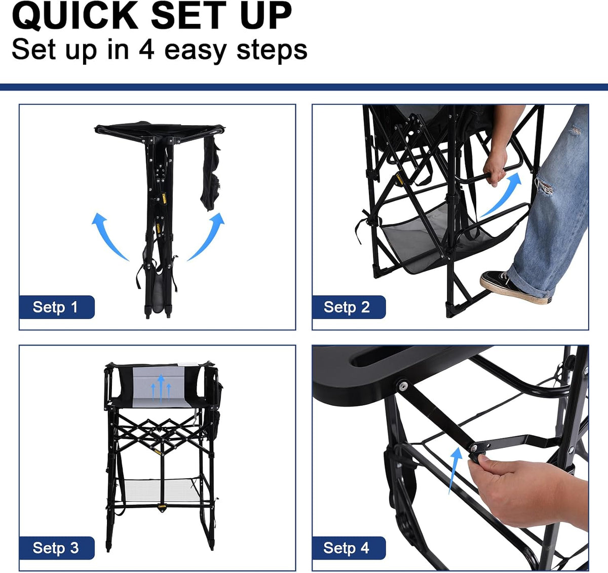 Romswi 2Pcs Extra Tall Portable 30" Seat Height Folding Camping Chair Directors Chair High Foldable Bar Stool with Side Table for Makeup Artist, Sports Event, Craft Show, Supports 400LBS,Black