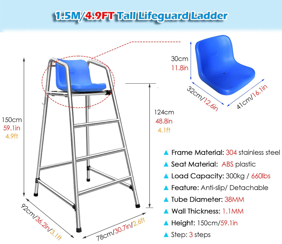 Heavy-Duty Rustproof Stainless Steel Lifeguard Chair - Durable Referee Stand for Pools, Water Parks & Lakes - Essential Lifeguard Equipment for Safety Use(72x82x120cm/28.3x32.3x47.2inch)