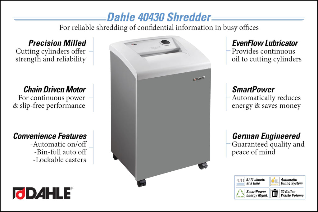 Dahle 50464 Paper Shredder, Cross Cut, P-4 Security, German Engineered, Jam Protection, Oil Free, SmartPower, Shreds CDs, 24 Sheet Max, 30 Gal Bin
