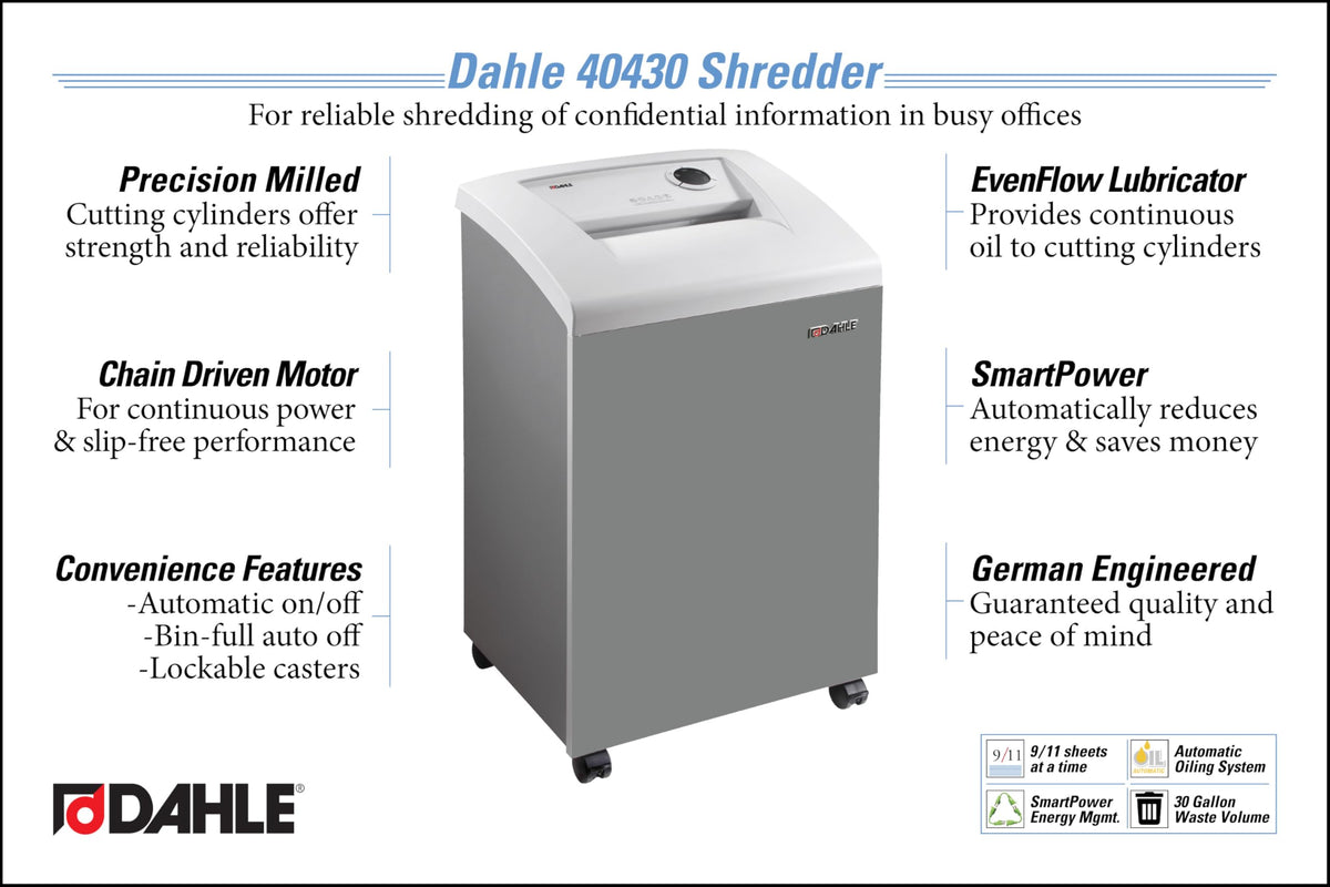Dahle 50464 Paper Shredder, Cross Cut, P-4 Security, German Engineered, Jam Protection, Oil Free, SmartPower, Shreds CDs, 24 Sheet Max, 30 Gal Bin