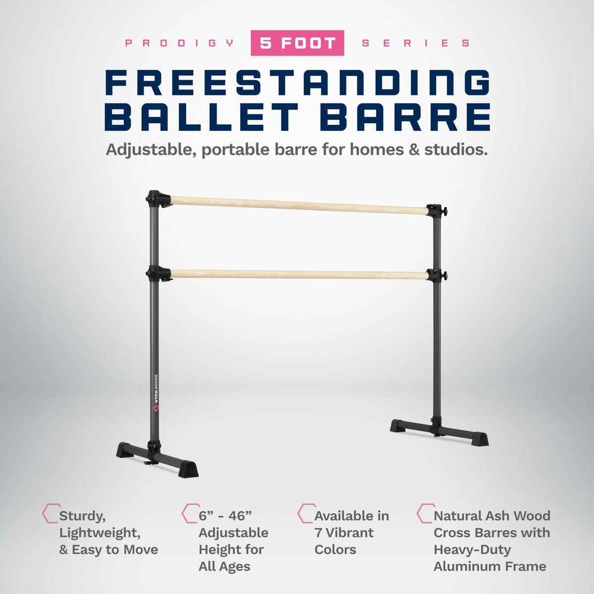 VITA Barre Portable Freestanding Double Ballet Barre, Prodigy, Wood | Adjustable Height, USA Made, Home or Gym Exercise Equipment for Kids & Adults | Dance, Fitness, Pilates