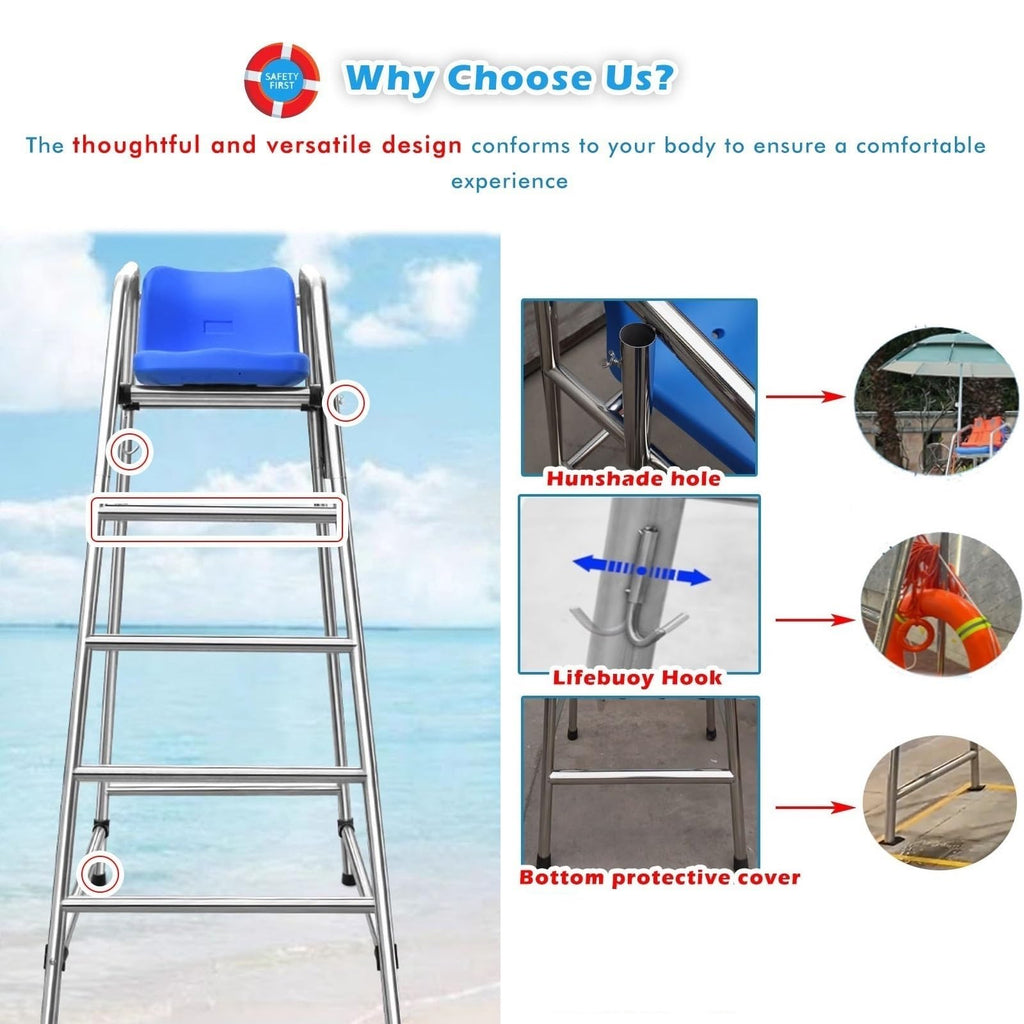 Tall Lifeguard/ Deck Chairs Outdoor, 47' '60'' 71'' High Fade-Resistant Stainless Steel Elevated Life Guard Chair - Loads 330kg, Referee Ladder Stool, Lifesaving Observation Chairs(H-180cm/70in/5.9ft)