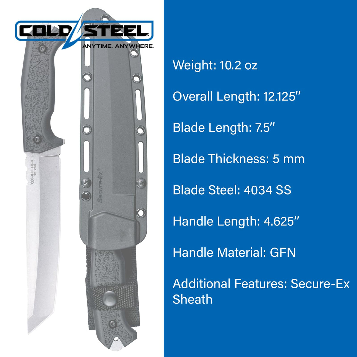 COLD STEEL Warcraft Tanto 4034SS Razor-Sharp Durable Blade GFN Handle Military Tactical Fixed Blade Knife w/Secure-Ex Sheath
